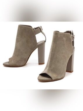 Vince Addison Taupe Suede Open-Toe Block Heel Booties